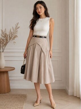 Beige A-Line Midi Skirt with Asymmetric Waist Panel - Women